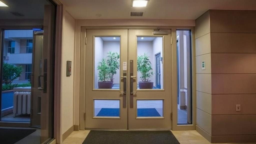 A photo of the entrance doors inside an apartment building. A photo of the entrance doors inside an apartment building.фото
